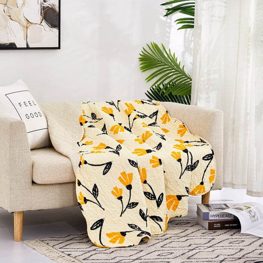 Botanical Floral Throw Blanket - Quilted Yellow Fleur Golden Orange Spring Time Tulips - Scalloped Edges Bright Vibrant Ivory Cream - 50 x 60 Shop DaDalogy Bedding Collection