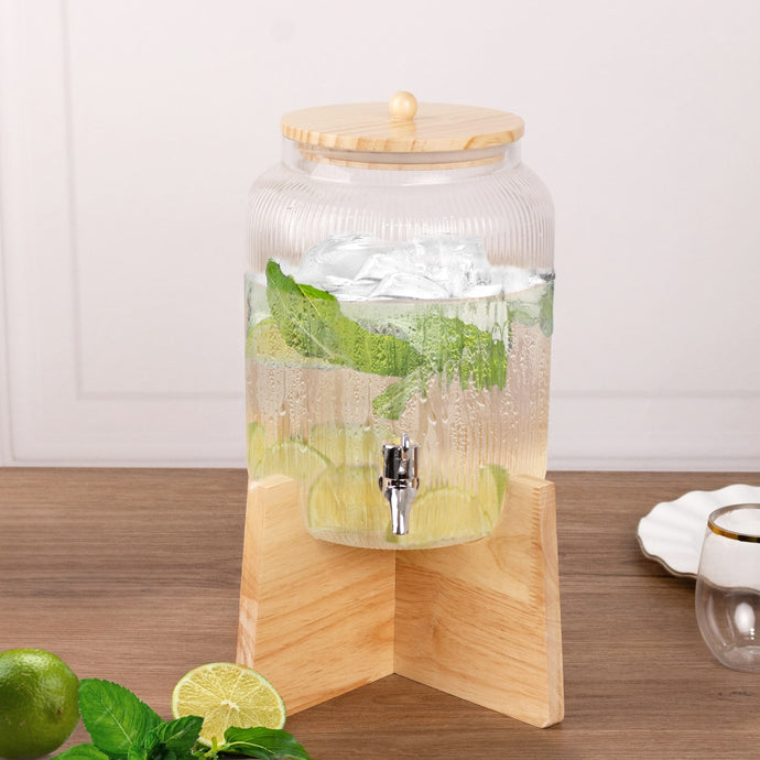 1 Gallon Clear Ribbed Glass Beverage Dispenser, Round Juice Jar with Wooden Stand and Lid - Lead-Free Countertop Feature 14