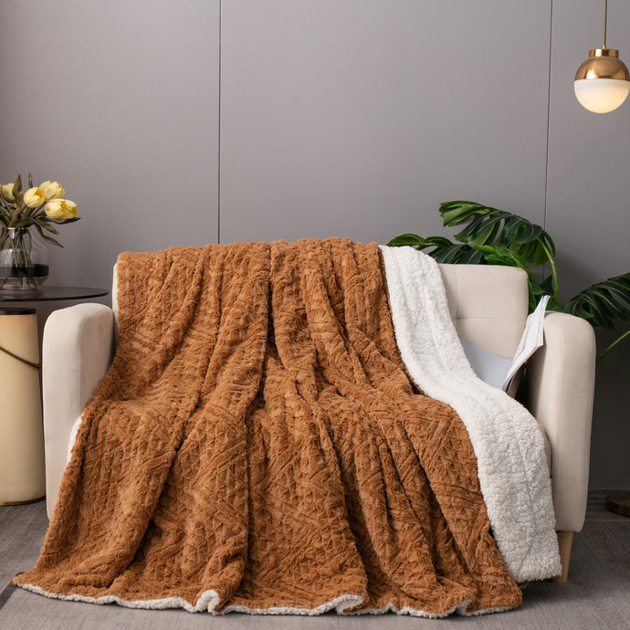 Caramel Brown Faux Fur Throw Blanket Chevron Geometric Embossed Gift Tache Home Fashion