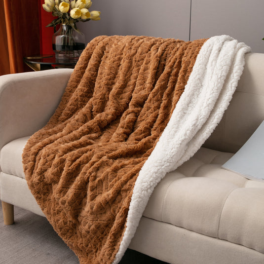 Caramel Brown Faux Fur Throw Blanket Chevron Geometric Embossed Gift Tache Home Fashion