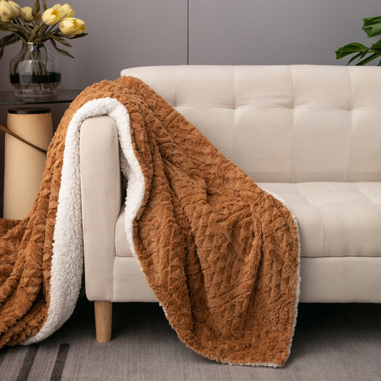 Caramel Brown Faux Fur Throw Blanket Chevron Geometric Embossed Gift Tache Home Fashion