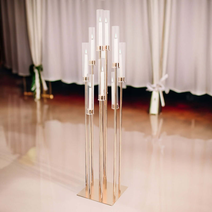 10-Arm Cluster Taper Candle Holder Gold with Clear Glass Shades - Stylish Large Candle Arrangement for Gatherings 50