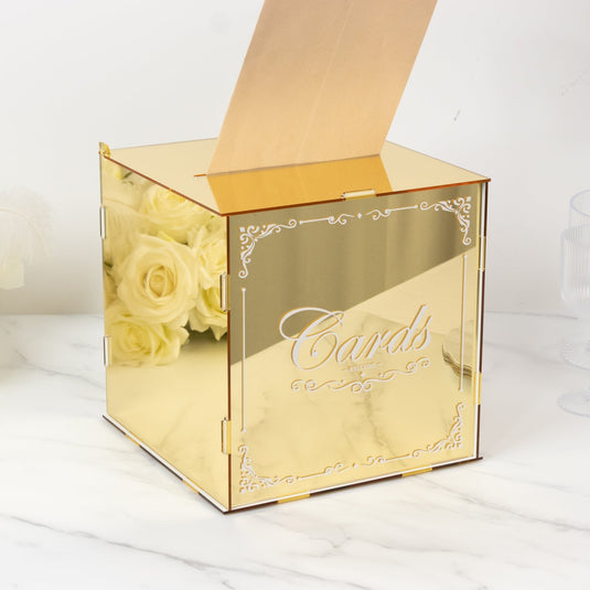 10" Gold Mirror Acrylic Wedding Card Box with Slot - Wishing Well Money Box for Reception, Graduation, and Events Wedding Accessories HIER_9760