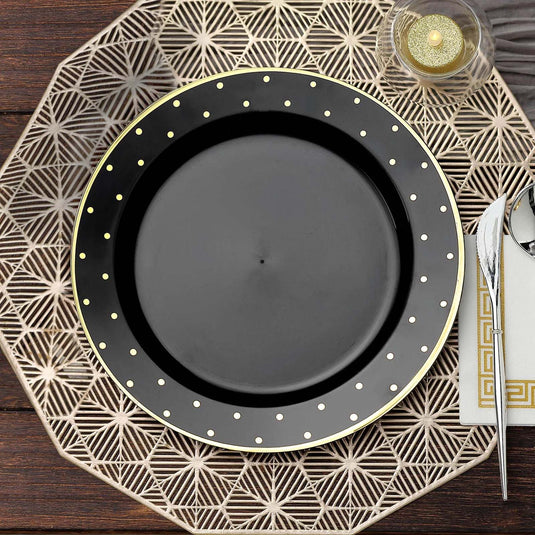 10 Pack 10" Black With Gold Dot Rim Plastic Dinner Plates, Round Disposable Tableware Plates Disposables HIER_4110