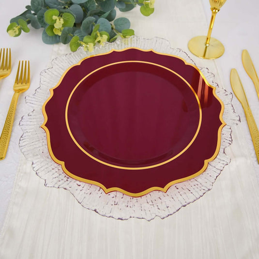 10-Pack Plastic 10" Round Dinner Plates in Burgundy with Gold Scalloped Rim - Disposable Party Plates Disposables PROstorez Default Title