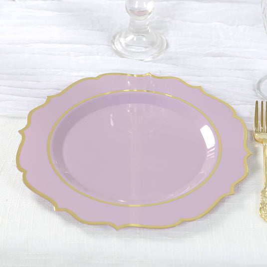 10-Pack Plastic 10" Round Dinner Plates in Lavender Lilac with Gold Scalloped Rim - Disposable Party Plates Disposables HIER_4110