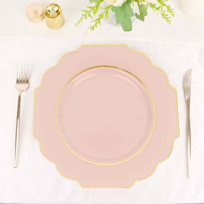 10-Pack Plastic Dinner Plates in Blush Baroque Design with Scalloped Gold Rim - Heavy Duty Disposable Party Plates 11