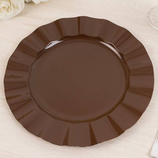 10-Pack Plastic 11" Round Dinner Plates in Cinnamon Brown Ruffled Rim with Gold Edging - Sturdy Disposable Dinnerware Disposables HIER_4110