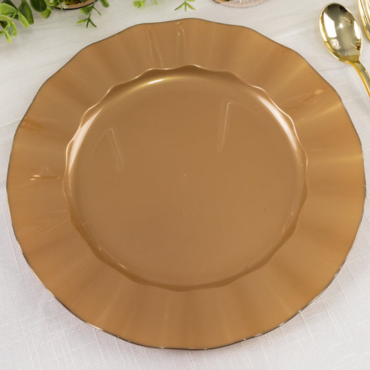 10-Pack Plastic 11" Round Dinner Plates in Gold with Ruffled Rim - Sturdy Disposable Dinnerware for Classy Events & Banquets Disposables HIER_4110