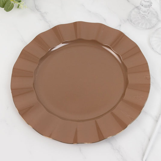 10-Pack Plastic 11" Round Dinner Plates in Coffee Brown Ruffled Rim with Gold Edging - Sturdy Disposable Dinnerware Disposables HIER_4110