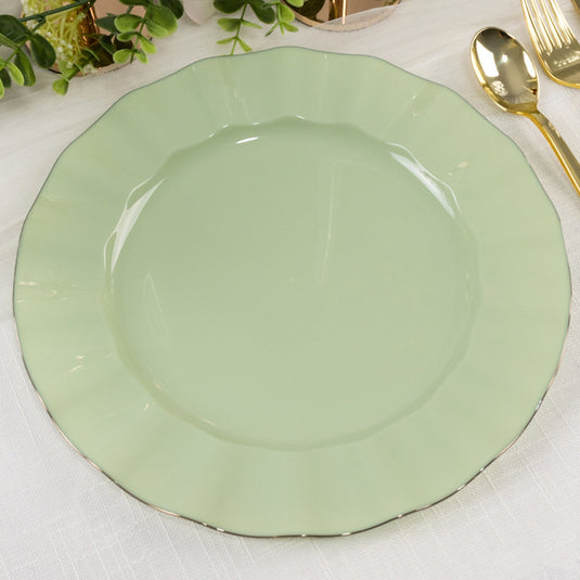 10-Pack Plastic 11" Round Dinner Plates in Sage Green Ruffled Rim with Gold Edging - Sturdy Disposable Dinnerware Disposables HIER_4110