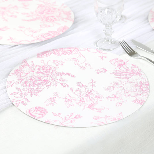 10-Pack Disposable Table Placemats in French Toile Print 13" in White/Matte Pink - Chic Floral Cardboard Placemats for Stylish Table Setting Disposables HIER_4640