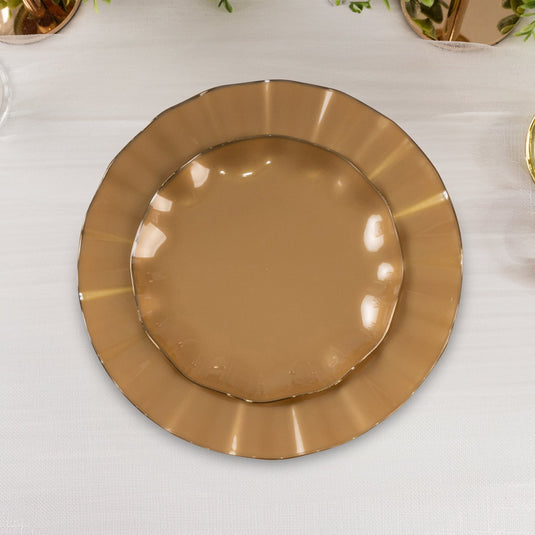 10-Pack Plastic Round 6" Dessert Plates in Gold with Ruffled Rim - Sturdy Disposable Salad Appetizer Dinnerware for Classy Events & Banquets Disposables HIER_4120