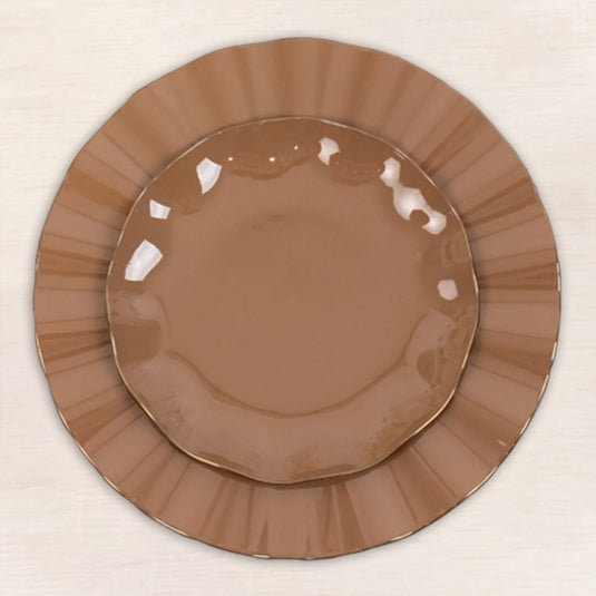 10-Pack Plastic Round 6" Dessert Plates in Coffee Brown Ruffled Rim with Gold Edging - Sturdy Disposable Salad Appetizer Dinnerware Disposables HIER_4120