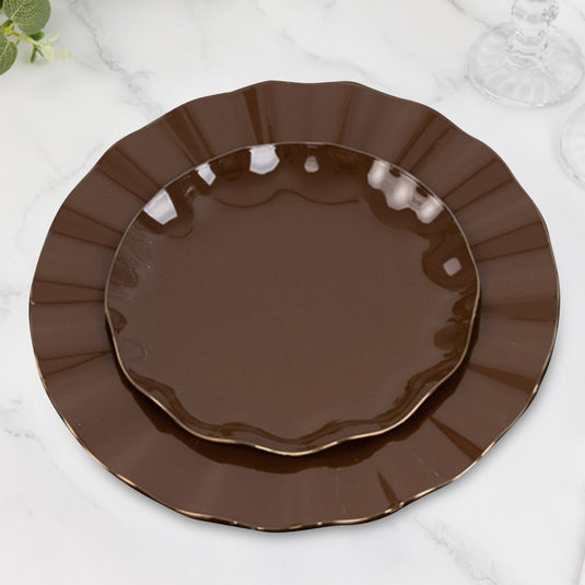 10-Pack Plastic Round 6" Dessert Plates in Cinnamon Brown Ruffled Rim with Gold Edging - Sturdy Disposable Salad Appetizer Dinnerware Disposables HIER_4120