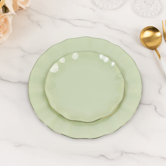 10-Pack Plastic Round 6" Dessert Plates in Sage Green Ruffled Rim with Gold Edging - Sturdy Disposable Salad Appetizer Dinnerware Disposables HIER_4120