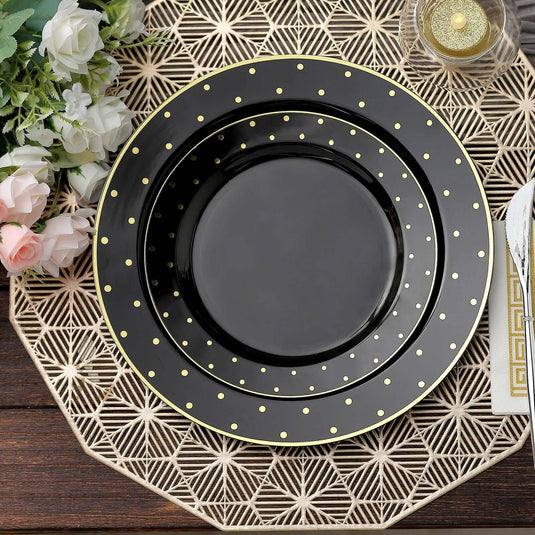 10 Pack 7.5" Black With Gold Dot Rim Plastic Dessert Plates, Round Salad Disposable Tableware Plates Disposables PROstorez Default Title