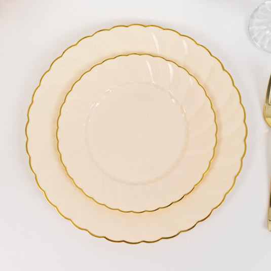 10-Pack Plastic 7.5" Round Salad Dessert Plates in Ivory with Gold Flair Rim - Disposable Party Plates Disposables HIER_4120