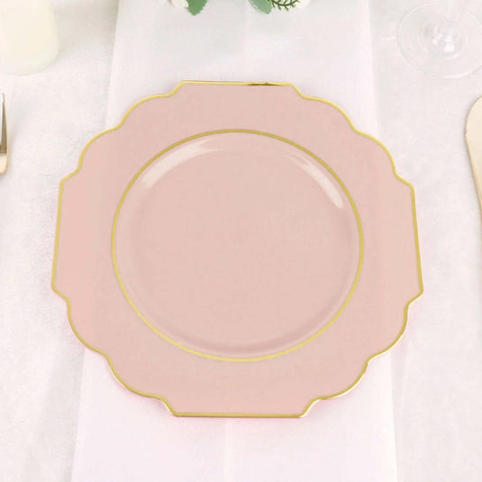 10-Pack Plastic Dessert Appetizer Plates in Blush Baroque Design with Scalloped Gold Rim - Heavy Duty Disposable Salad Plates 8