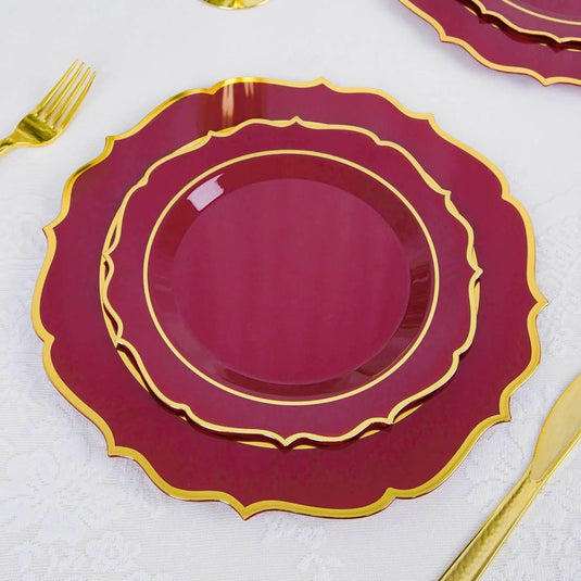 10-Pack Plastic 8" Round Desert Plates in Burgundy with Gold Scalloped Rim - Disposable Appetizer/Salad Plates Disposables PROstorez Default Title