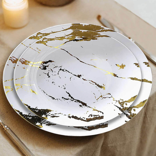 10-Pack Plastic 8" Round Dessert Plates in White with Gold Marble Print - Disposable Appetizer/Salad Plates for Chic Banquets & Special Occasions Disposables PROstorez Default Title