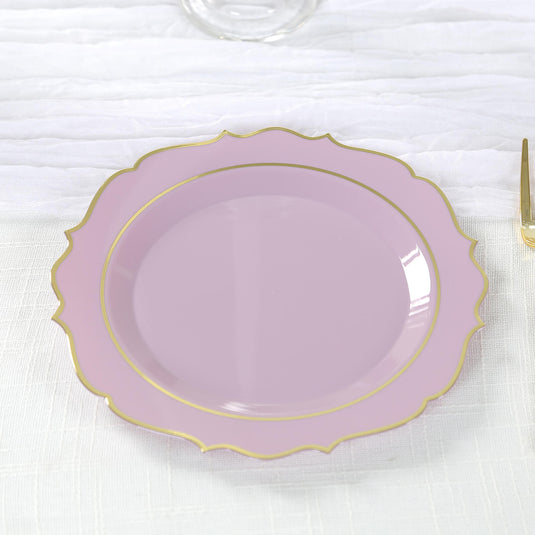 10-Pack Plastic 8" Round Desert Plates in Lavender Lilac with Gold Scalloped Rim - Disposable Appetizer/Salad Plates Disposables HIER_4120