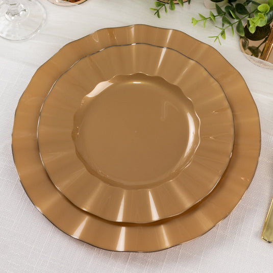 10-Pack Plastic 9" Round Dinner Plates in Gold with Ruffled Rim - Sturdy Disposable Dinnerware for Classy Events & Banquets Disposables HIER_4110