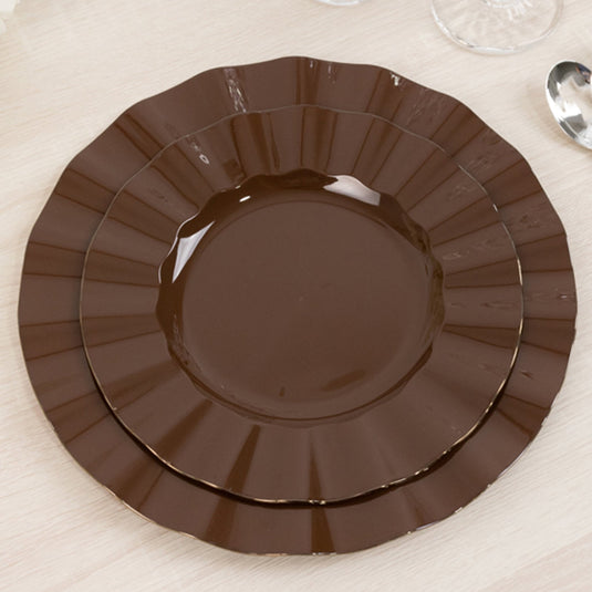 10-Pack Plastic 9" Round Dinner Plates in Cinnamon Brown Ruffled Rim with Gold Edging - Sturdy Disposable Dinnerware Disposables HIER_4110