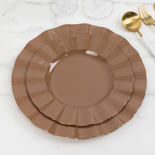 10-Pack Plastic 9" Round Dinner Plates in Coffee Brown Ruffled Rim with Gold Edging - Sturdy Disposable Dinnerware Disposables HIER_4110