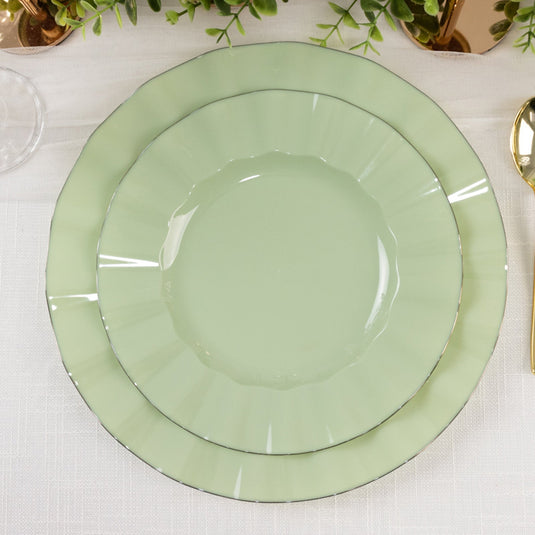 10-Pack Plastic 9" Round Dinner Plates in Sage Green Ruffled Rim with Gold Edging - Sturdy Disposable Dinnerware Disposables HIER_4110