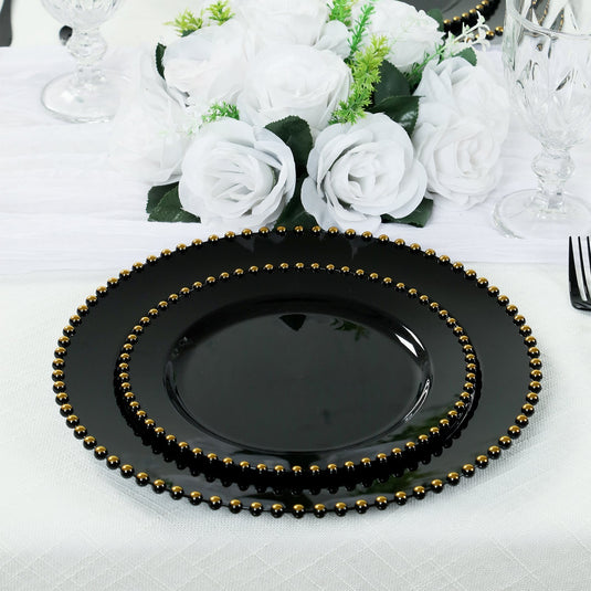 10-Pack Black Plastic Dessert Plates  8" Round with Gold Beaded Rim, Disposable for Parties & Events Disposables HIER_4120