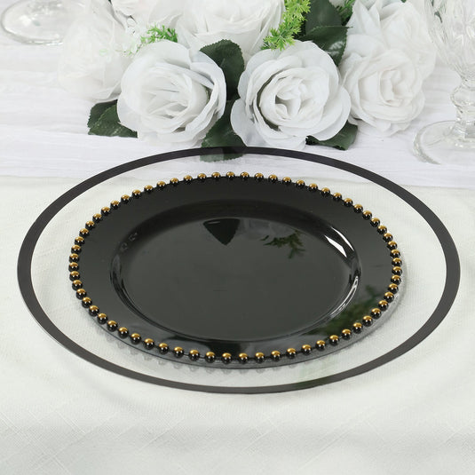 10-Pack Plastic 10" Round Dinner Plates in Black with Gold Beaded Rim - Disposable Party Plates for Banquets & Festive Occasions Disposables HIER_4110