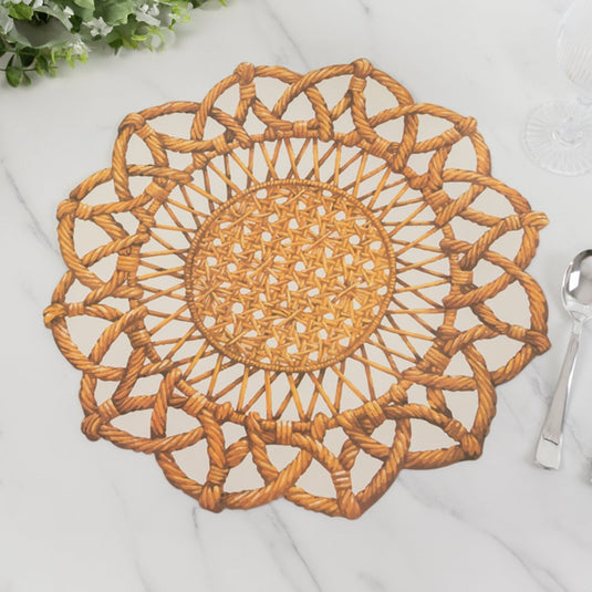 10-Pack Disposable Table Placemats in Brown with Die-Cut Rattan Weave Print - Large Rustic Farmhouse Scalloped Rim Floral Paper Placemats 16" Charger Plates HIER_4640