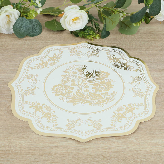 10 Pack Cardboard Paper Table Mats with White Gold Damask Floral Pattern, 13