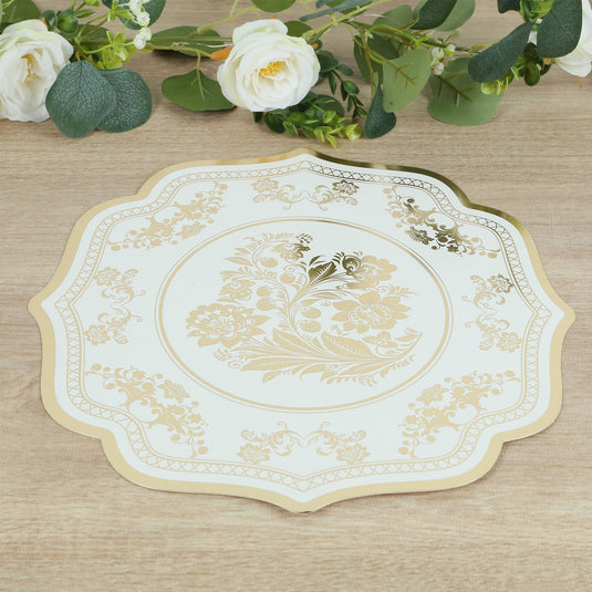 10 Pack Cardboard Paper Table Mats with White Gold Damask Floral Pattern, 13" Round Disposable Placemats with Scalloped Rim - 400 GSM Disposables HIER_4640