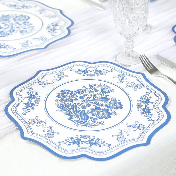 10 Pack Cardboard Paper Table Mats with White Royal Blue Damask Floral Pattern, 13