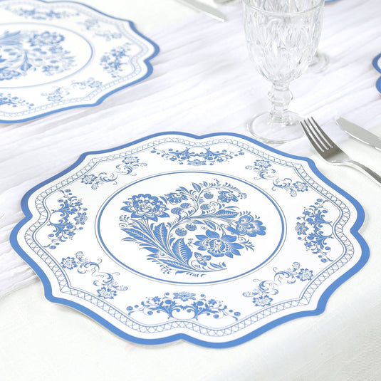 10 Pack Cardboard Paper Table Mats with White Royal Blue Damask Floral Pattern, 13