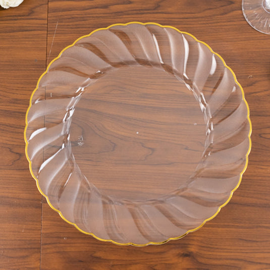 10-Pack Plastic 10" Round Dinner Plates in Clear with Gold Flair Rim - Disposable Party Plates for Upscale Banquets & Special Occasions Disposables HIER_4110