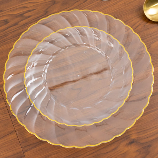 10-Pack Plastic 7.5" Round Salad Dessert Plates in Clear with Gold Flair Rim - Disposable Party Plates for Upscale Banquets & Special Occasions Disposables HIER_4120