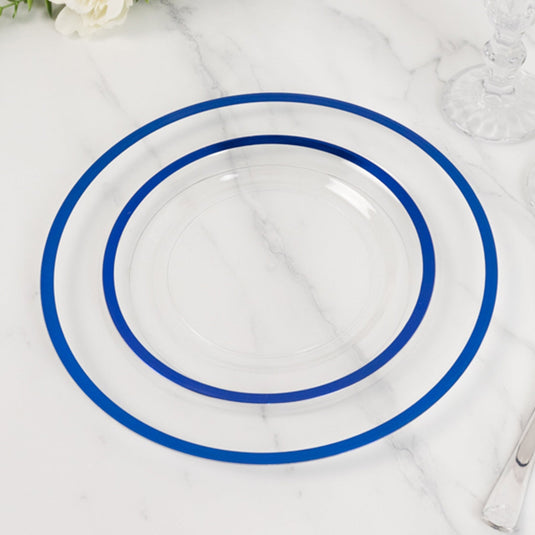 10-Pack Plastic 7" Round Appetizer Plates in Clear with Blue Rim - Sleek Disposable Salad Plates for Banquets & Special Occasions Disposables HIER_4120