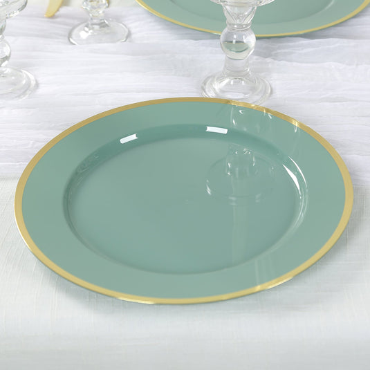 10-Pack Economy Plastic Round Charger Plates 12" in Dusty Sage Green with Wide Gold Rim, Decorative Dinner Party Serving Plates Charger Plates HIER_4610