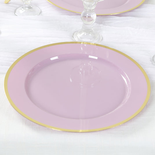 10-Pack Economy Plastic Round Charger Plates 12" in Lavender Lilac with Wide Gold Rim, Decorative Dinner Party Serving Plates Charger Plates HIER_4610