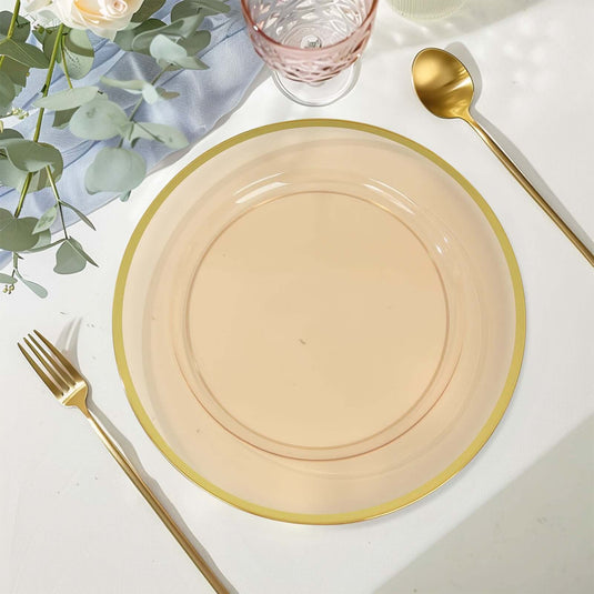 10-Pack Economy Plastic Round Charger Plates 12" in Transparent Amber Gold with Wide Gold Rim, Decorative Dinner Party Serving Plates Charger Plates HIER_4610