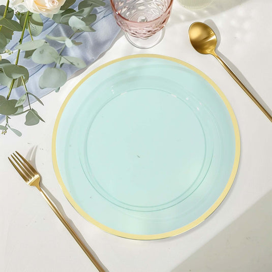 10-Pack Economy Plastic Round Charger Plates 12" in Transparent Blue with Wide Gold Rim, Decorative Dinner Party Serving Plates Charger Plates HIER_4610