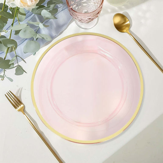 10-Pack Economy Plastic Round Charger Plates 12" in Transparent Blush with Wide Gold Rim, Decorative Dinner Party Serving Plates Charger Plates HIER_4610