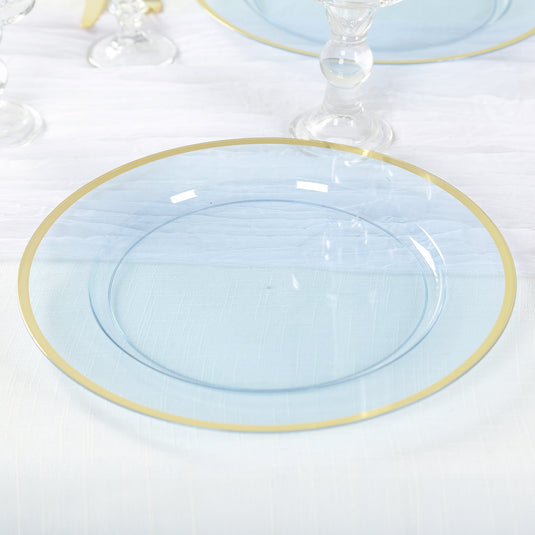 10-Pack Economy Plastic Round Charger Plates 12" in Transparent Dusty Blue with Wide Gold Rim, Decorative Dinner Party Serving Plates Charger Plates HIER_4610