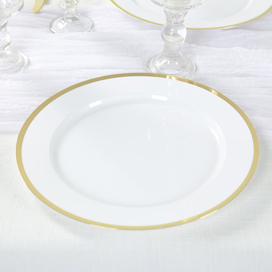 10-Pack Economy Plastic Round Charger Plates 12" in White with Wide Gold Rim, Decorative Dinner Party Serving Plates Charger Plates HIER_4610