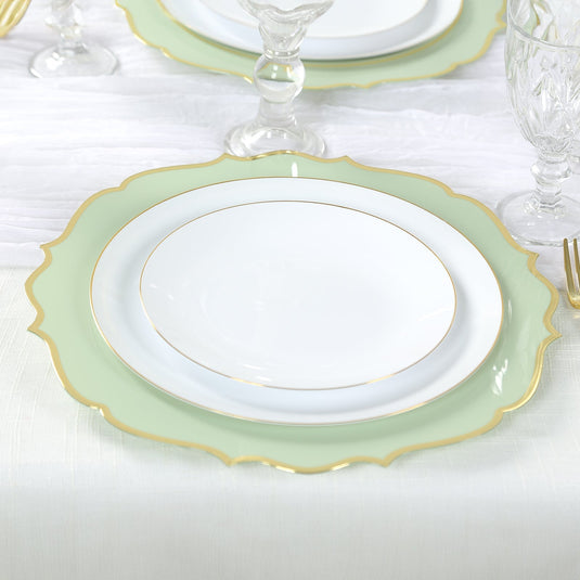 10-Pack Economy Plastic Round Charger Plates 13" in Sage Green with Gold Scalloped Rim, Decorative Dinner Party Serving Plates Charger Plates HIER_4610