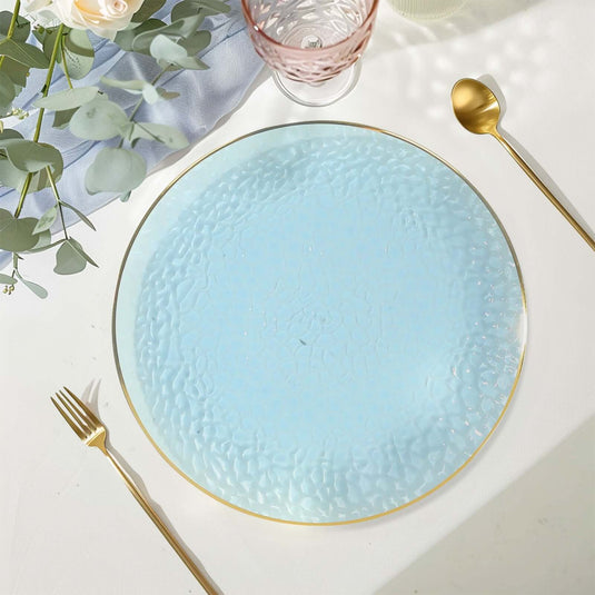 10 Pack Economy Plastic Round Charger Plates 13" in Transparent Dusty Blue Hammered Design with Gold Rim, Decorative Dinner Party Serving Plates Charger Plates HIER_4610