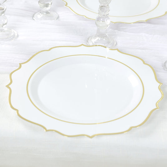 10-Pack Economy Plastic Round Charger Plates 13" in White with Gold Scalloped Rim, Decorative Dinner Party Serving Plates Charger Plates HIER_4610